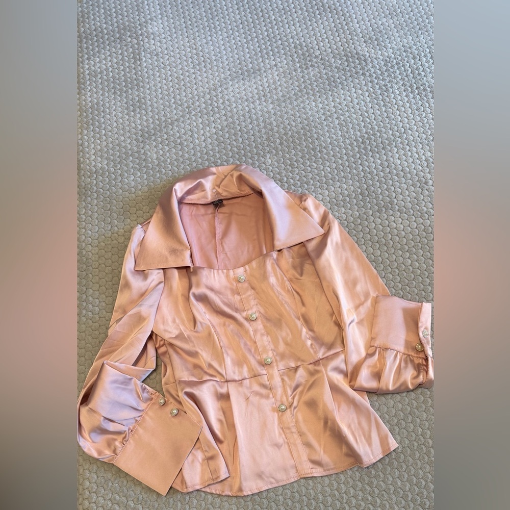 SHEIN solid button-up satin shirt in a light pink color with pearl-style button